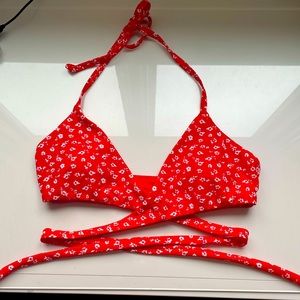 Hollister red with white floral design bikini tie top